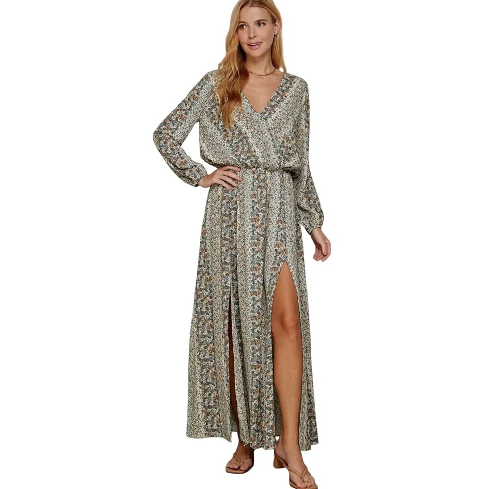 Sweet Lemon Long Sleeve Floral Flutter V Feminine Boho Maxi Dress Size Medium